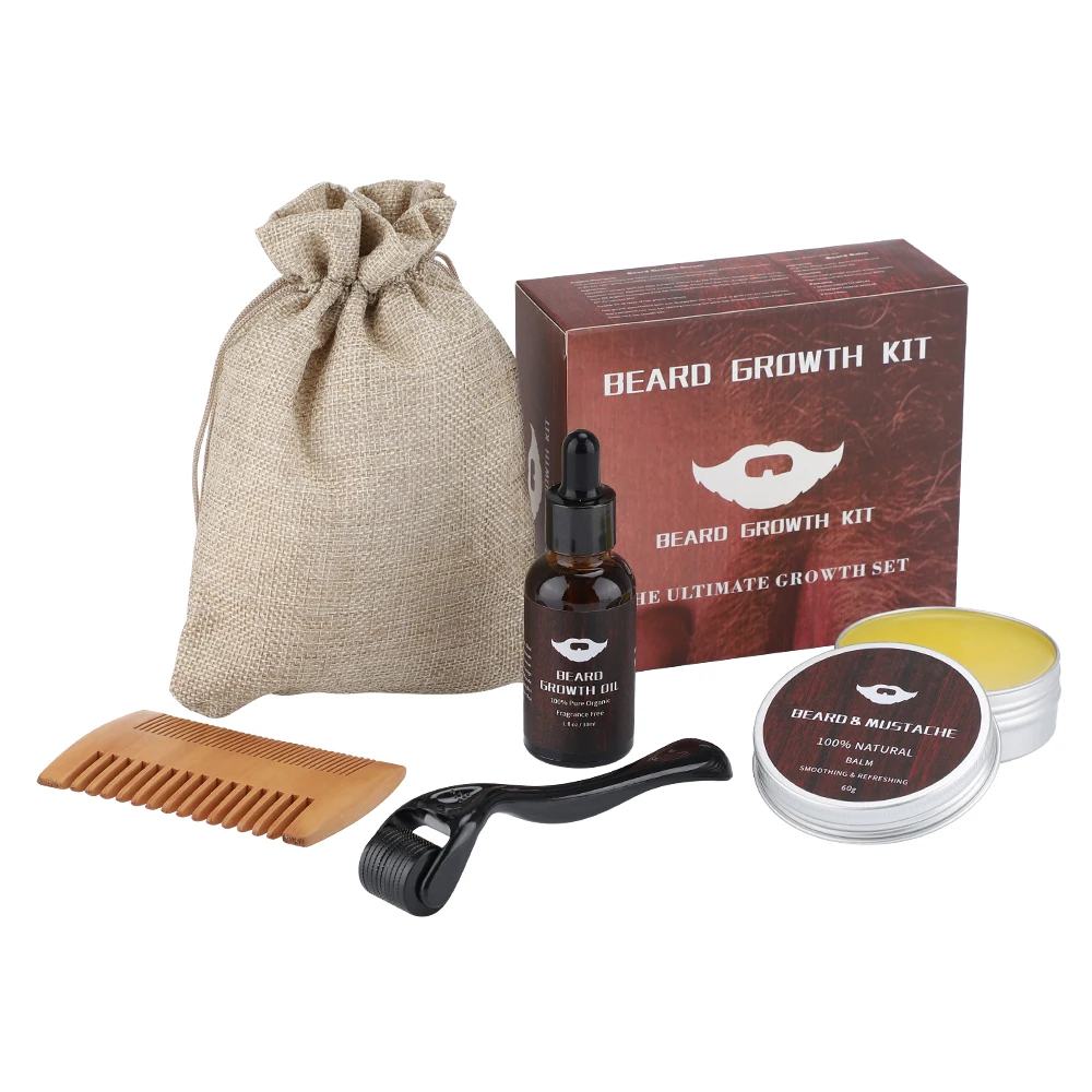 Kit de Croissance de Barbe pour Homme, Huile Essentielle Hydratante, Peigne à Rouleau, Soins de Coiffure