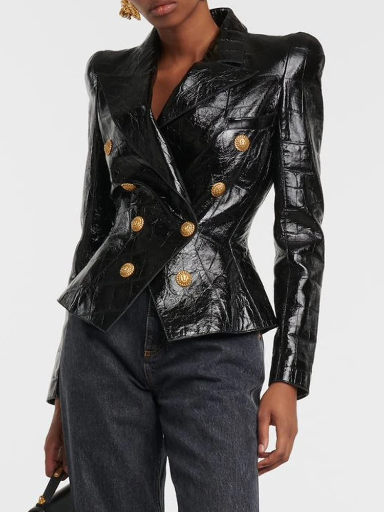 

HIGH STREET 2023 Classic Baroque Designer Jacket Women's Metal Lion Buttons Double Breasted Artificial Leather Blazer