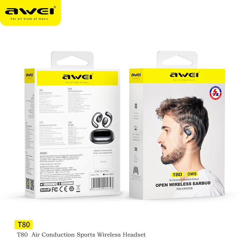 Awei T80 Bluetooth 5.3 Open Ear Headphones Air Conduction Earhook Wireless Sport Earphones with Mic Long Standby 450mah Headset