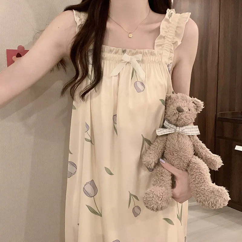 Princ Sle Ice Silk Spwear with Chest Pad Summer Sweet Home Clothes Women's Vest Nightgown Spring Autumn Floral Print