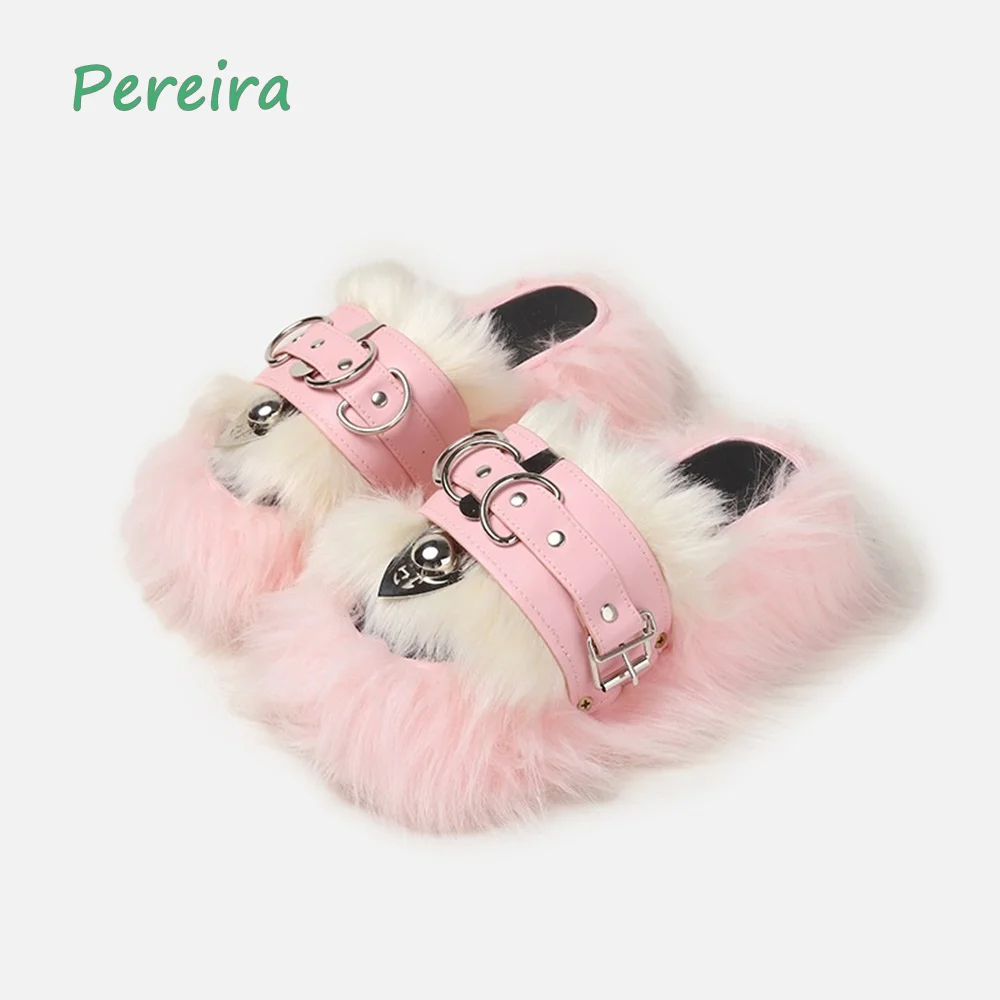 

Pink Furry Sweet Slippers 2023 Spring Women's Platform New Arrival Slip-on Round Toe Fashion Confortable Simple Buckle Shoes