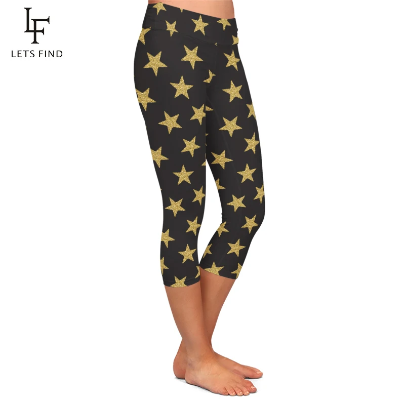 Fashion Pentagram Print Women Black Capri Leggings High Waist Milk Silk Mid-Calf 3/4 Stretch Casual Leggings