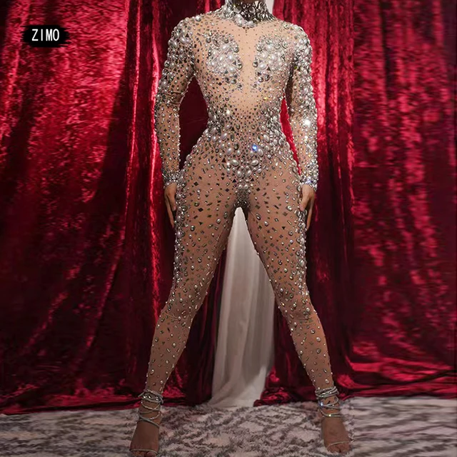 fashion Rhinestones Jumpsuit Crystal Pearl sexy Women Jumpsuits spandex party Nightclub birthday Pole Dance Singer Stage Costume