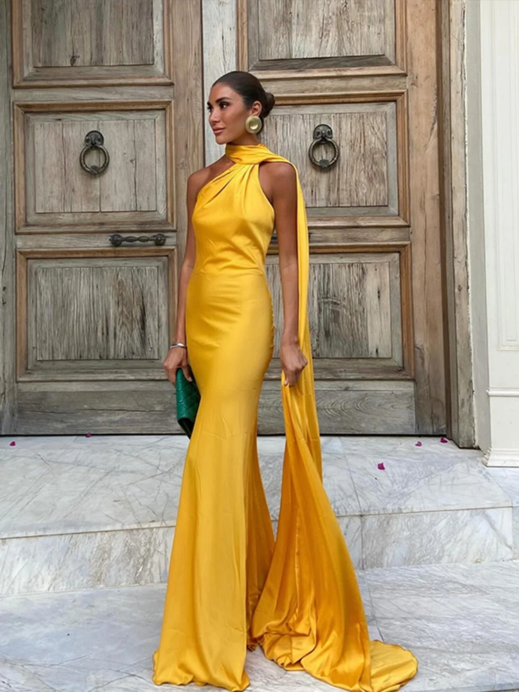 Maxi Dress Women\u0026#039;s Long Formal Gowns Chic Solid Satin Halter Maxi Dress  Women New Sexy Backless