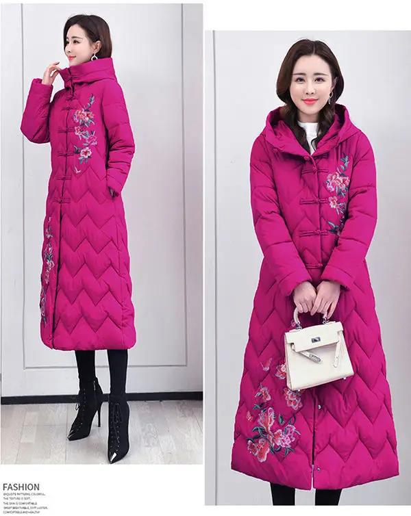 Winter Down Cotton Padded Women Chinese National Style Embroidered Long Outwear Thickened Warm Hooded Parka Coat Female