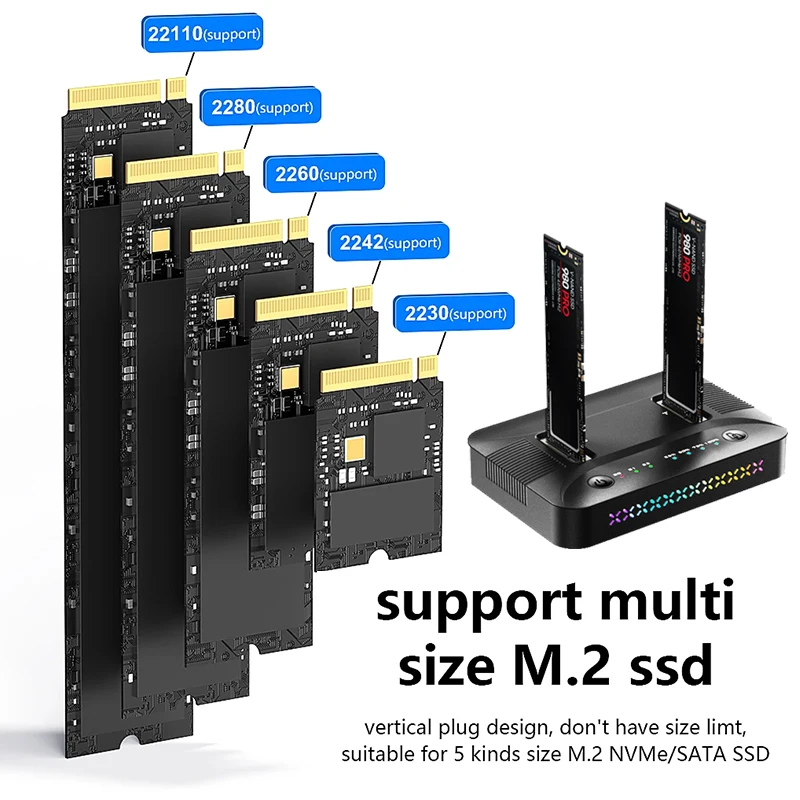 M.2 NVMe/SATA SSD 케이스 듀얼베이 도킹 스테이션 10Gbps 오프라인 복제 하드 디스크 복사기 RGB 조명 GEN2 SSD 어댑터 인클로저