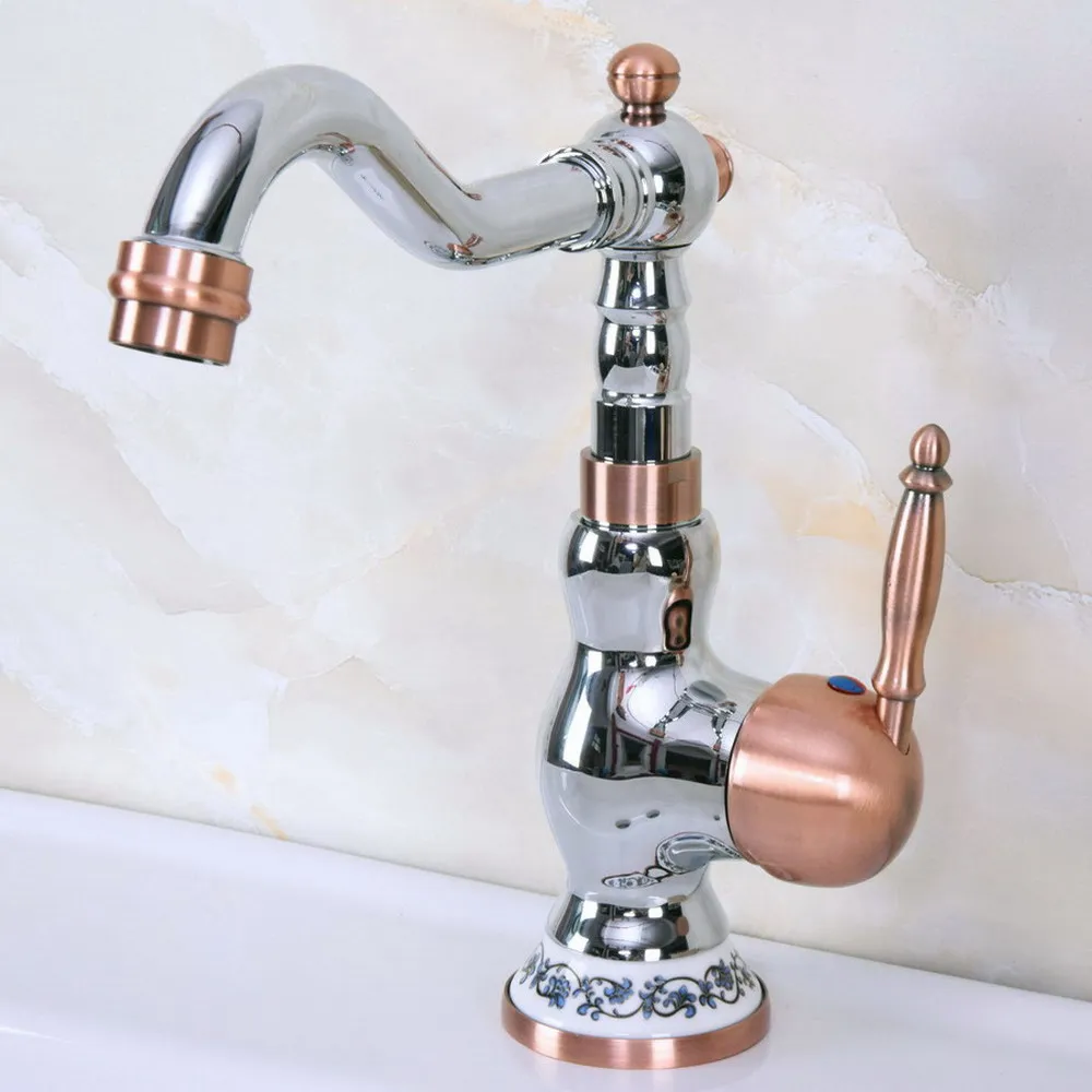 

Chrome & Red Copper Brass Kitchen Bathroom Basin Sink Faucet Vessel Tap Mixer Tap Swivel Spout Single Hole Deck Mounted Lnf905