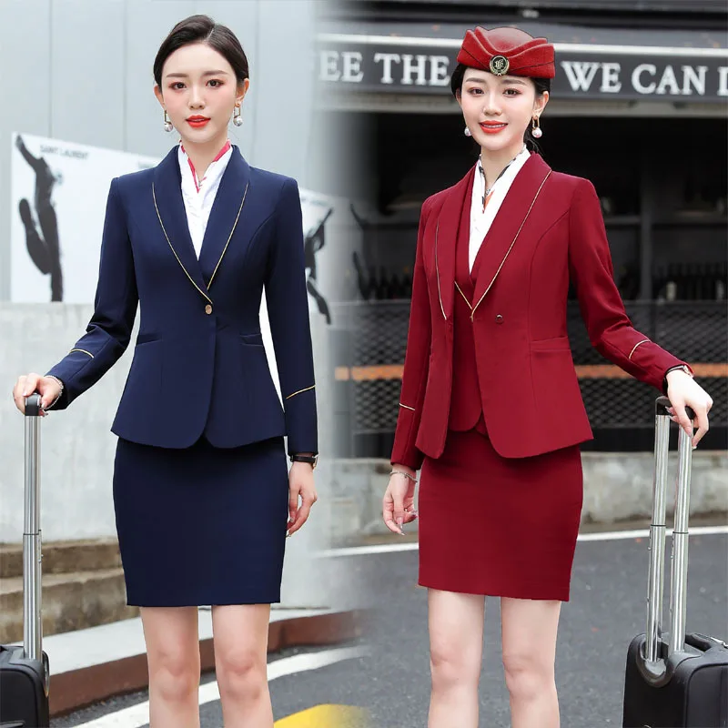 

Long Sleeve Black plus Size Business Wear Blue Work Uniforms Wine Red Formal Suit Beauty Technician Tooling Airline Stewardess S