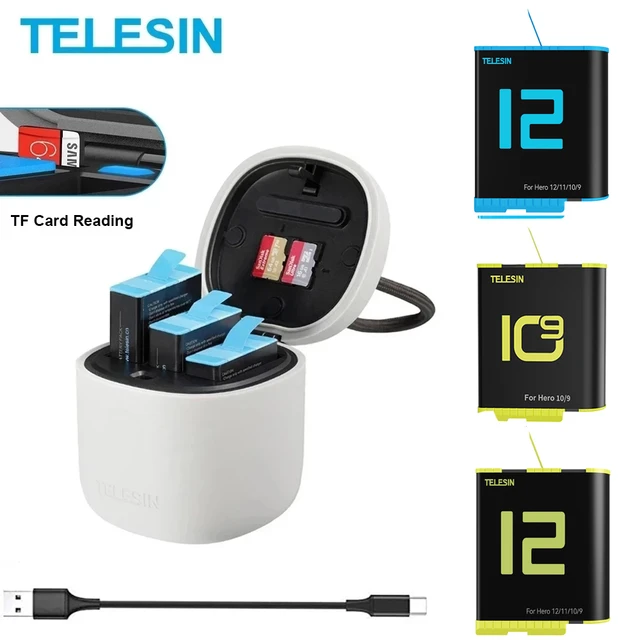 TELESIN-Paquete de 3 baterías de 1750mAh, cargador de 3 ranuras con lector  de tarjetas TF, caja de almacenamiento de carga para Gopro Hero 12, 11, 10