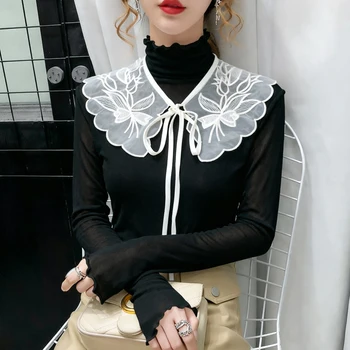 Palace Style Fake Collar Full Sleeve T Shirt Women Black White Detachable Mesh Tee False Collars Slim Stretch T Shirts Top Girls 1