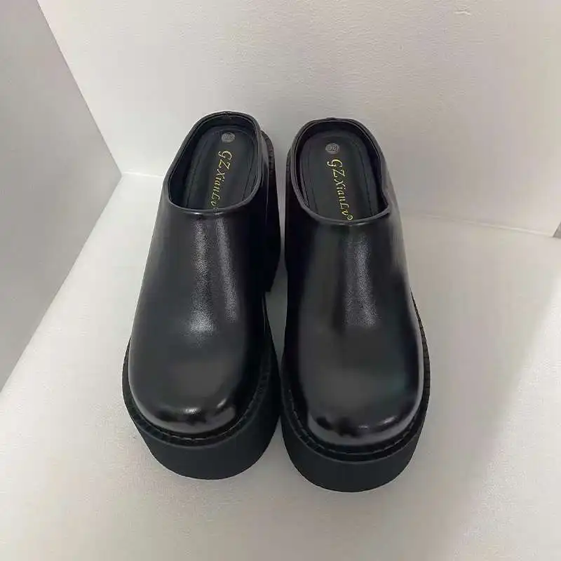 13cm Chunky Heeled Slippers Black Platform Round Toe Sandals Women High Heels Slippers Summer Patent Leather Leisure Shoes