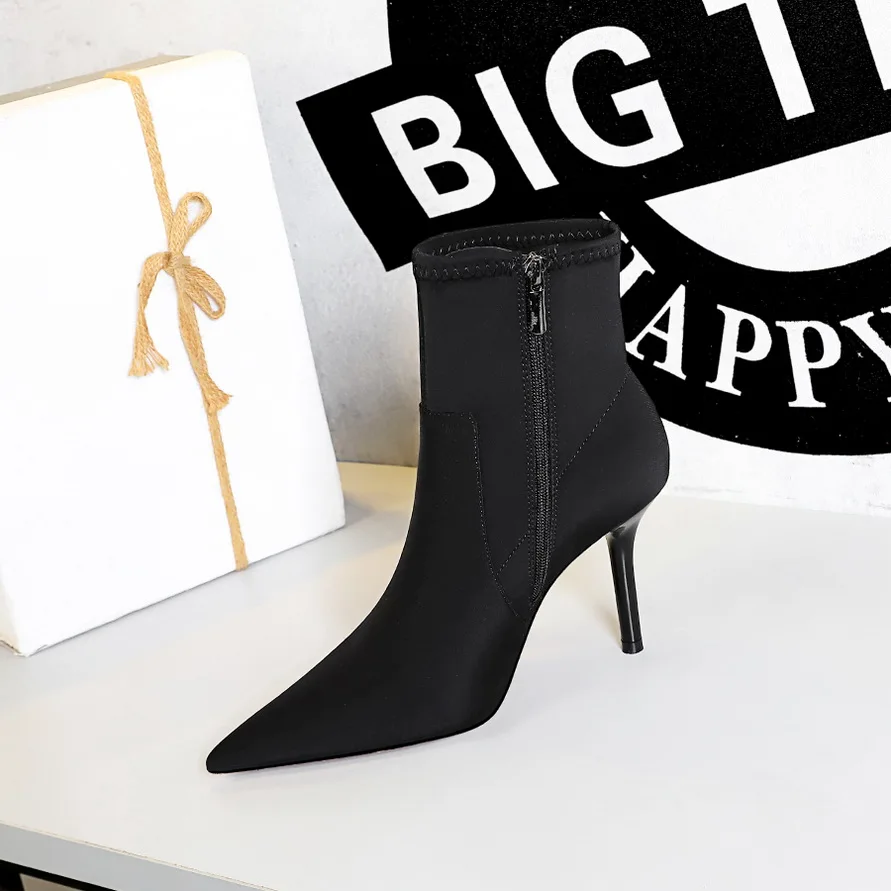 

BIGTREE Black Women's Ankle Boots Sexy Pointed Toe High-heeled Boots Side Zipper Autumn Winter Shoes Stiletto Heels Female