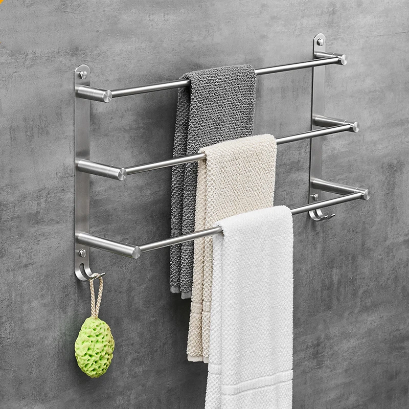 

Brushed Towel Rack 3 Bars Towel Holder with Hook Stainless Steel 3 Layer Wall Shelf Bathroom Accessories , 2 Ways Installation