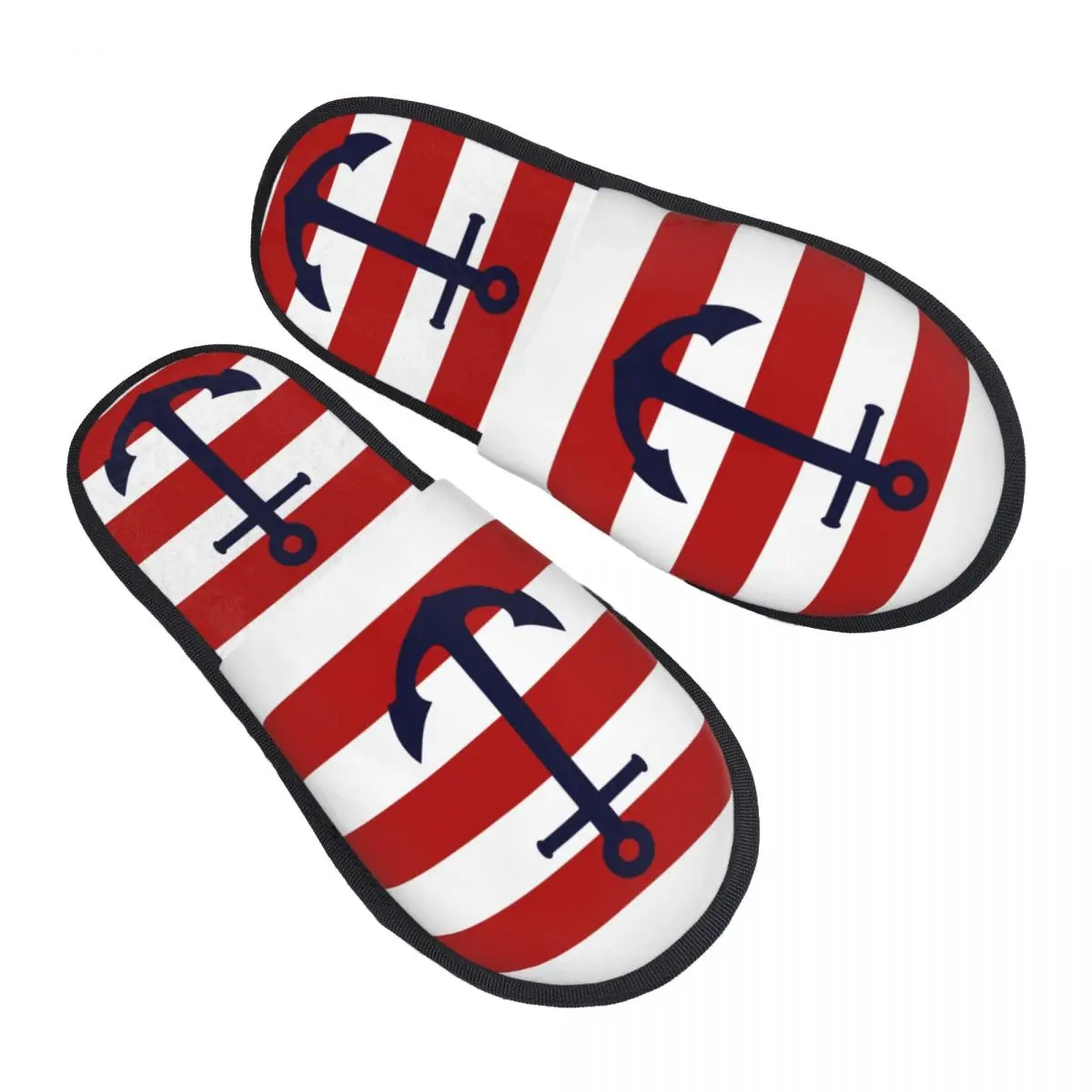 

Custom Nautical Navy Blue Anchor On Red Stripes Soft Memory Foam House Slippers Sailing Sailor Comfy Warm Anti-skid Sole Slipper