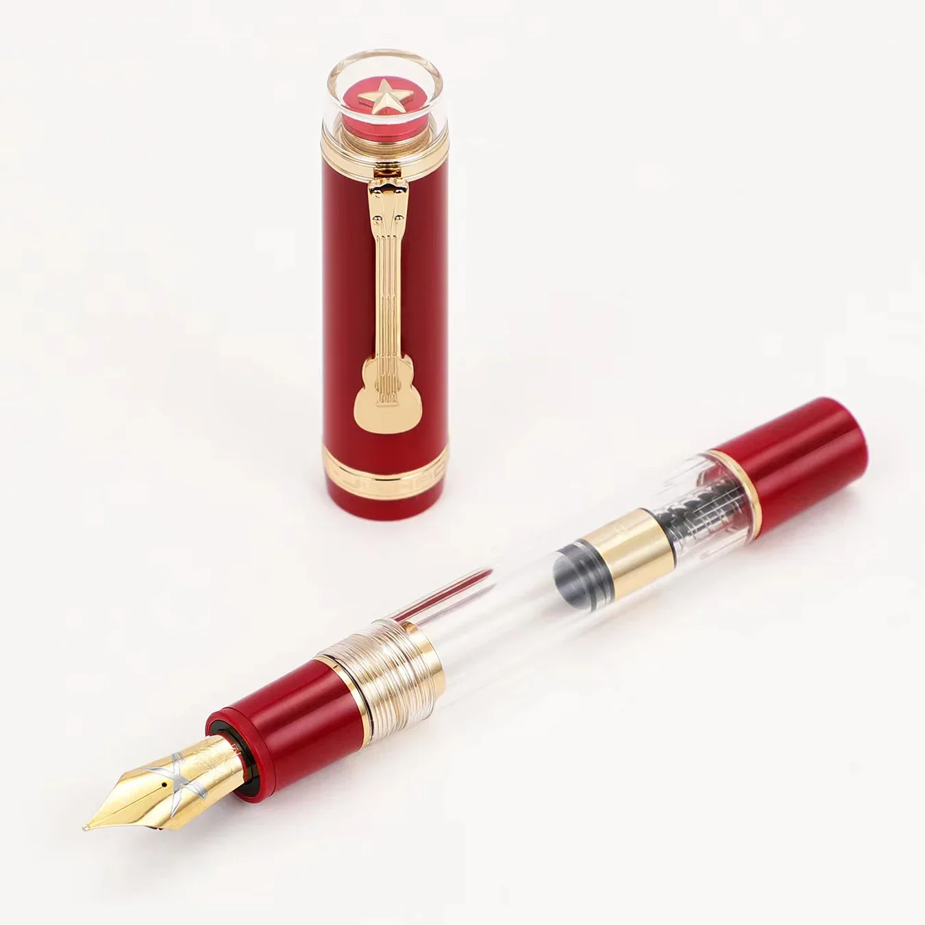 Jinhao 1935 Tiandao 시리즈 만년필, 기타 클립 포함, 8 F/M 펜촉, 투명 및 적색 송진 필기 펜 및 대형 변환기