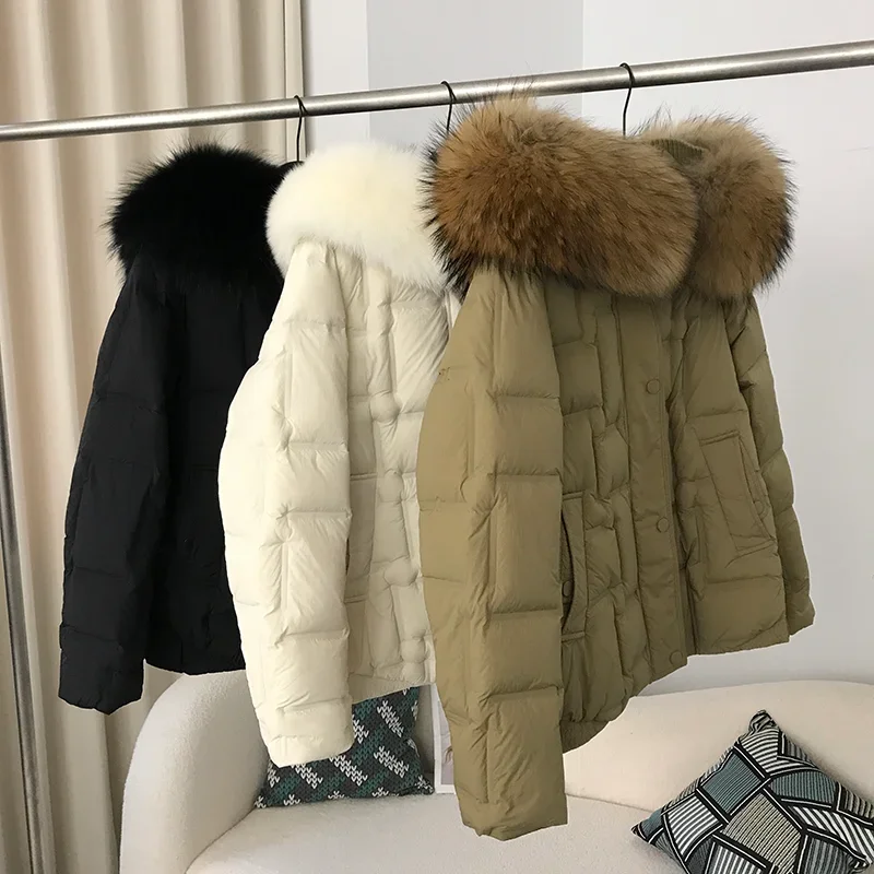 

MENINA BONITA 2023 New Natural Real Raccoon Fox Fur Collar Hooded Winter Women White Duck Down Jacket Female Warm Coat Outerwear