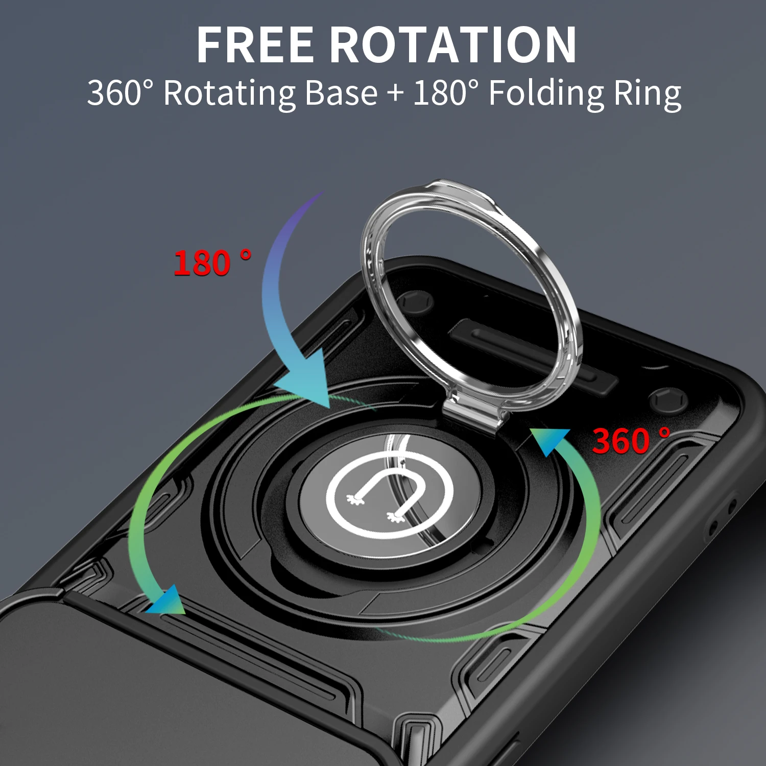 Enhanced Shockproof Armor Case with Slide Camera Lens Protection and Metal Ring Holder