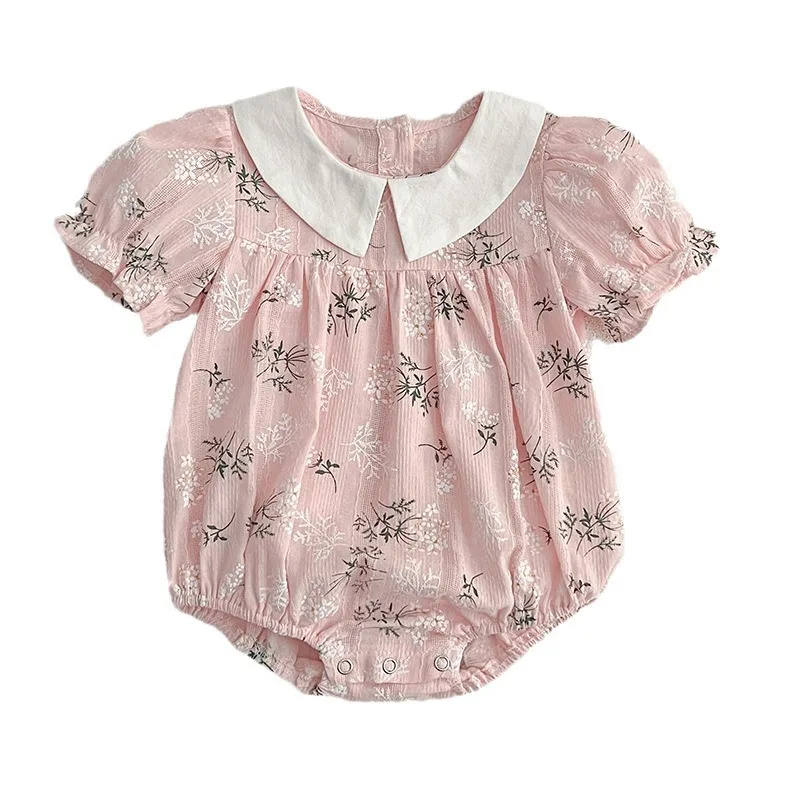 Vestido de muselina con estampado Floral para niñas, traje de manga corta con cuello vuelto, para verano