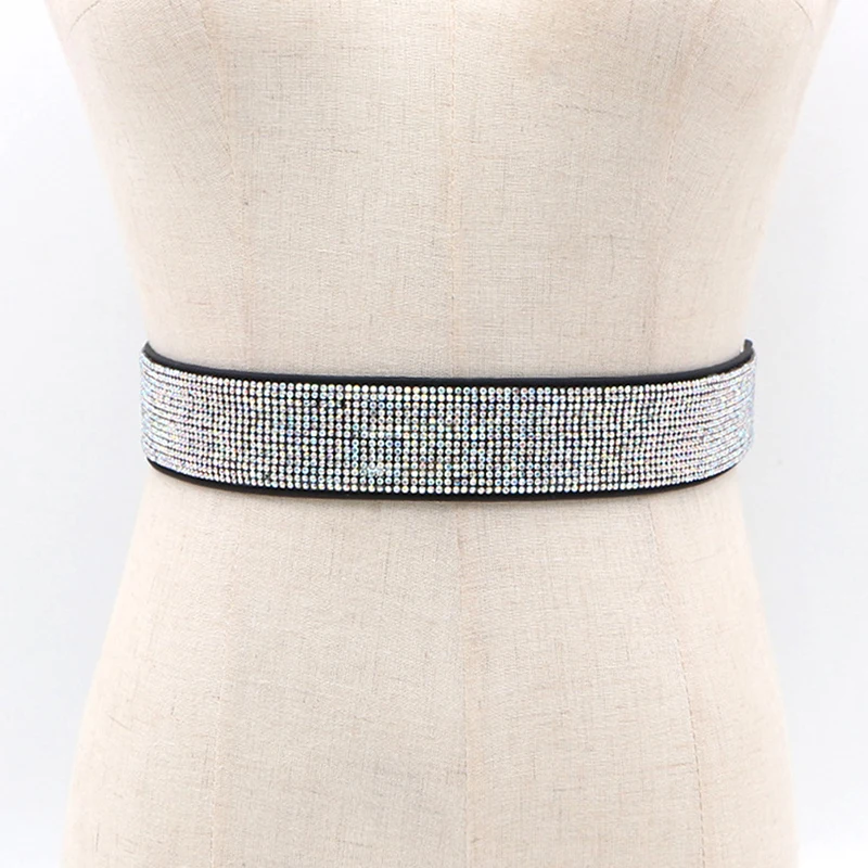 Woman Waist Belt Fashion Shiny Belt Handmade Rhinestone Inlaid Elastic For Female Dresses Coat Shirt Wide Waistband Sashes sparkly belt