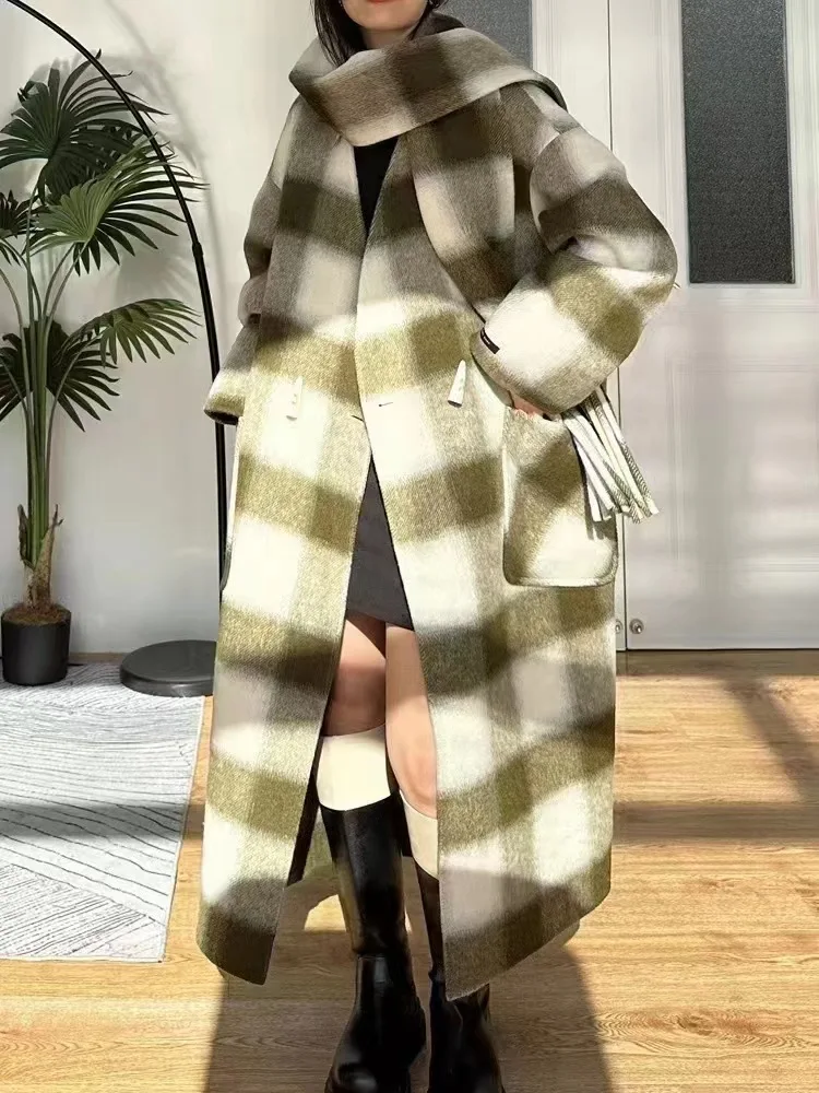 Women Autumn Checks And Plaids Coats with Scarf Fashion Winter Long Sleeve Female Cardigan Elegant Double Sided Chic Streetwear