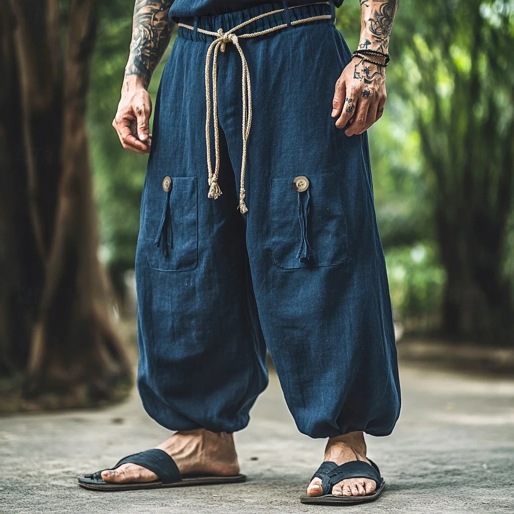 Asian Linen Pants for Men Blue