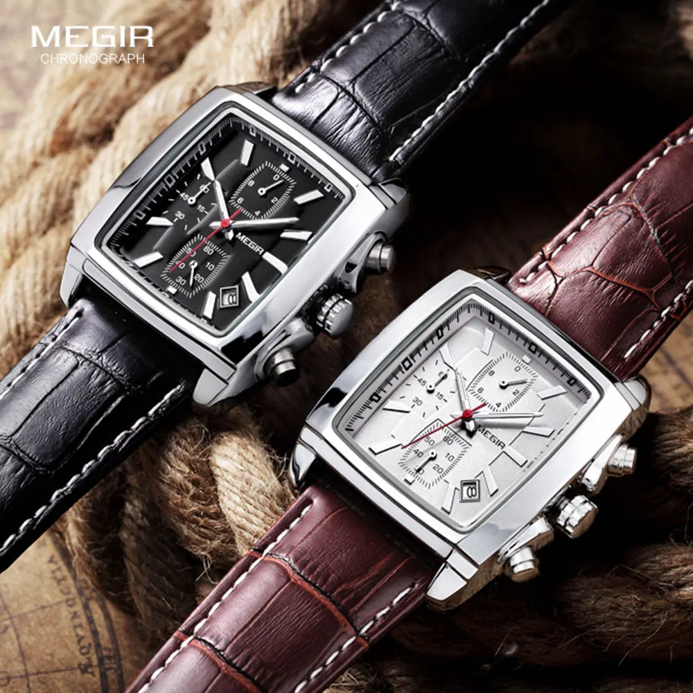 Megir Rectangle Dial Leather Strap Watch for Men Casual Blue Chronograph Quartz Watches Man Wristwatch Montre Reloj Часы М�