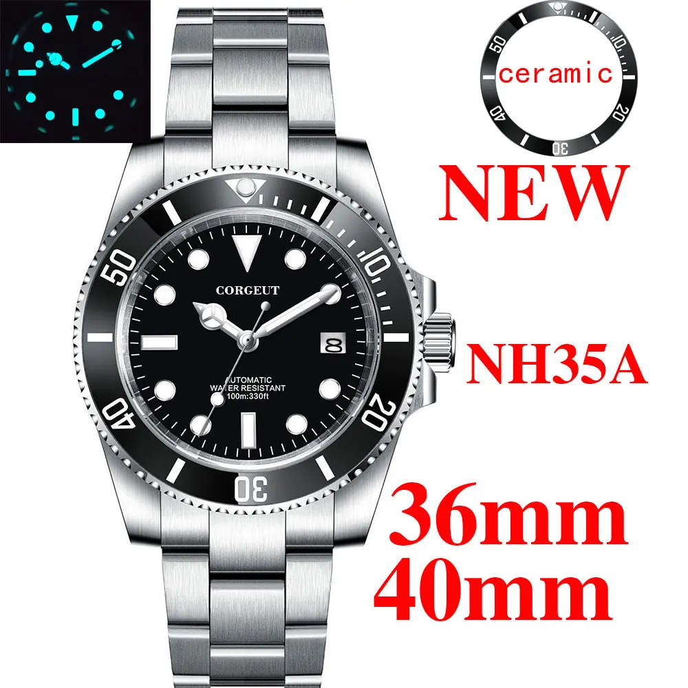 

CORGEUT 36mm/40mm Relogio Masculino Sterile Dial Sub Sapphire Crystal Automatic Men's Watch Japan NH35 Movement BGW-9 Luminous