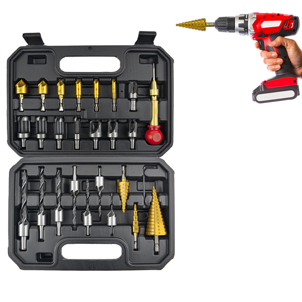 26 Pack Drill Bits Combo Set Including Automatic Center Punch 3-Pointed Countersink Drill Bit Wood Plug Cutter Chamfer Drill Bit