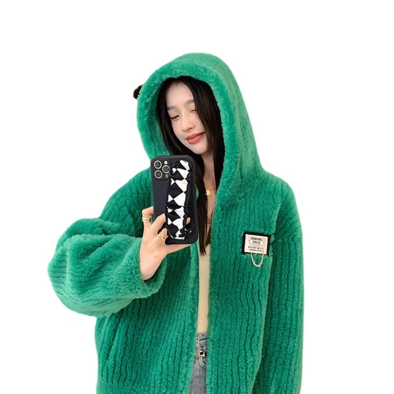 Lamb Wool Coat Women Loose New Young Granular Shearling Coat Hooded In Winter