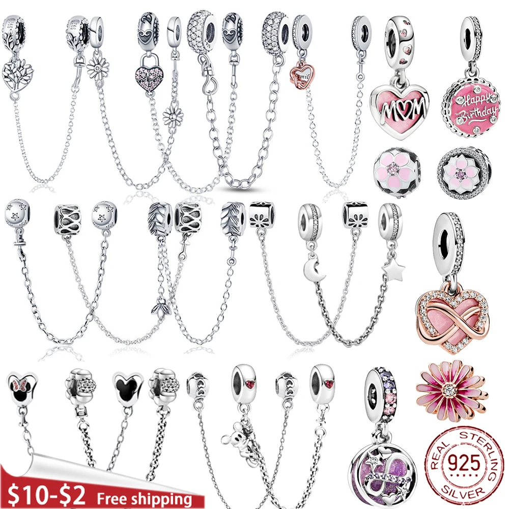 

QWC Hot Sale 925 Sterling Silver 9 models Zircon Safety chain Charms Bead Fit Original 925 Pandora Bracelets Charm Dangle chain