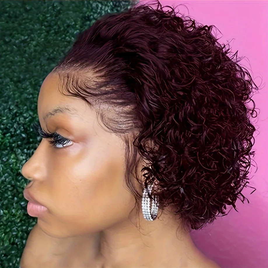 150% density short curly pixie cut remy hair wig 99j/black/1b27/350 color daily use wig for women 13&times;1 lace human hair