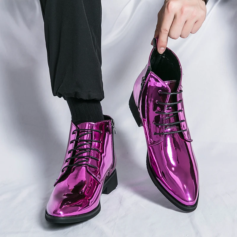 Luxury Chelsea Boots Men's Shiny Leather Shoes Pointed High Top Shoes Men's Banquet Dress Shoes High-end Purple Red Short Boots