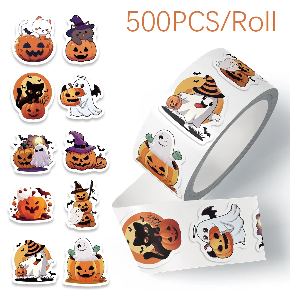 500 Stück/Rolle Halloween Kürbis Katze Geist Hexe Aufkleber für Journaling Laptop Umschlag Scrapbook Auto Motorrad Belohnung Geschenk Aufkleber