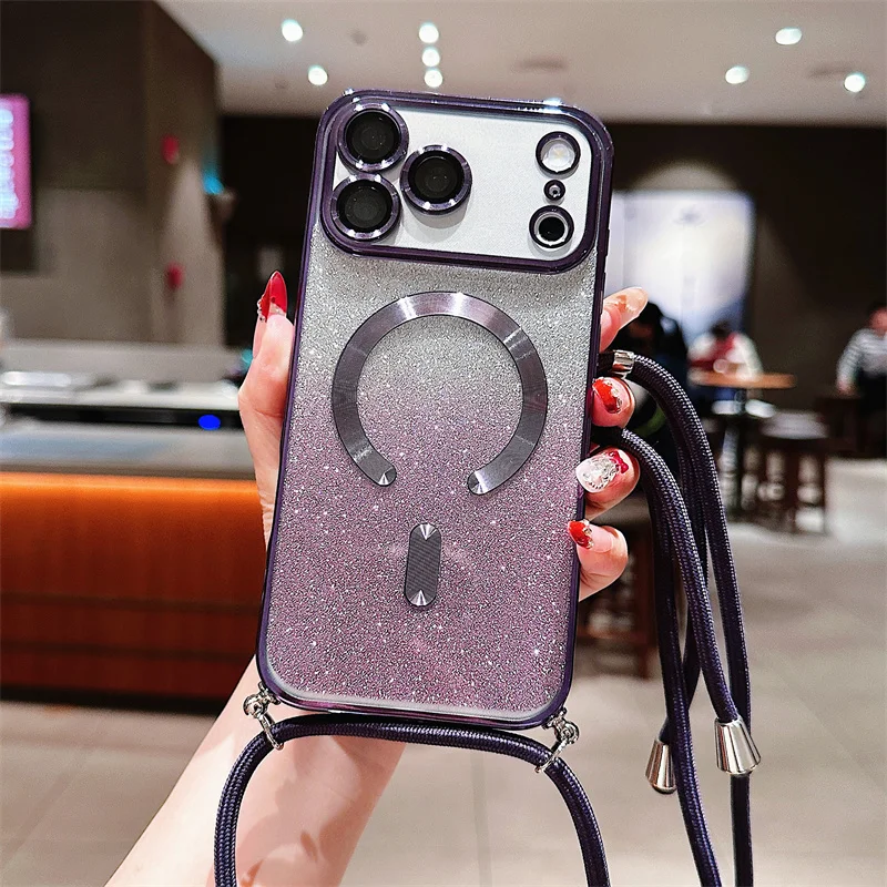 Glitter Magnetic Crossbody Lanyard Phone Case with Magsafe-Compatible Soft TPU Back Cover