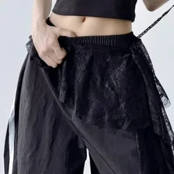 Embroidered Floral Lace High - Waist Mini Skirt with Ruched Irregular Hem - One Size (Black)