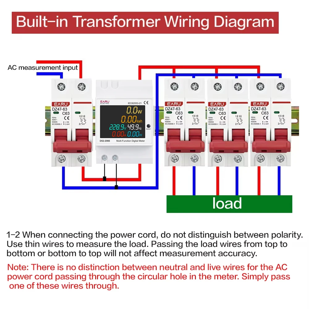 Energy Meter Din Rail Electricity Usage Monitor with Voltmeter, Ammeter, and Power Measurement Functions (AC 40-300V, 100A)