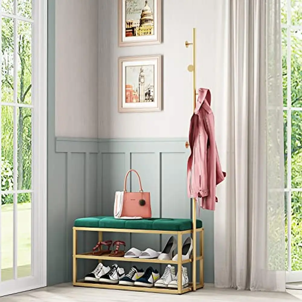 Hall Tree Coat Rack with Shoe Storage Shelf Green Upholstered Bench and 5 Hooks Freestanding Metal Entryway Organizer Coats Hats 2