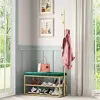 Hall Tree Coat Rack with Shoe Storage Shelf Green Upholstered Bench and 5 Hooks Freestanding Metal Entryway Organizer Coats Hats 2