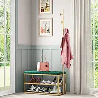 Hall Tree Coat Rack with Shoe Storage Shelf Green Upholstered Bench and 5 Hooks Freestanding Metal Entryway Organizer Coats Hats 2