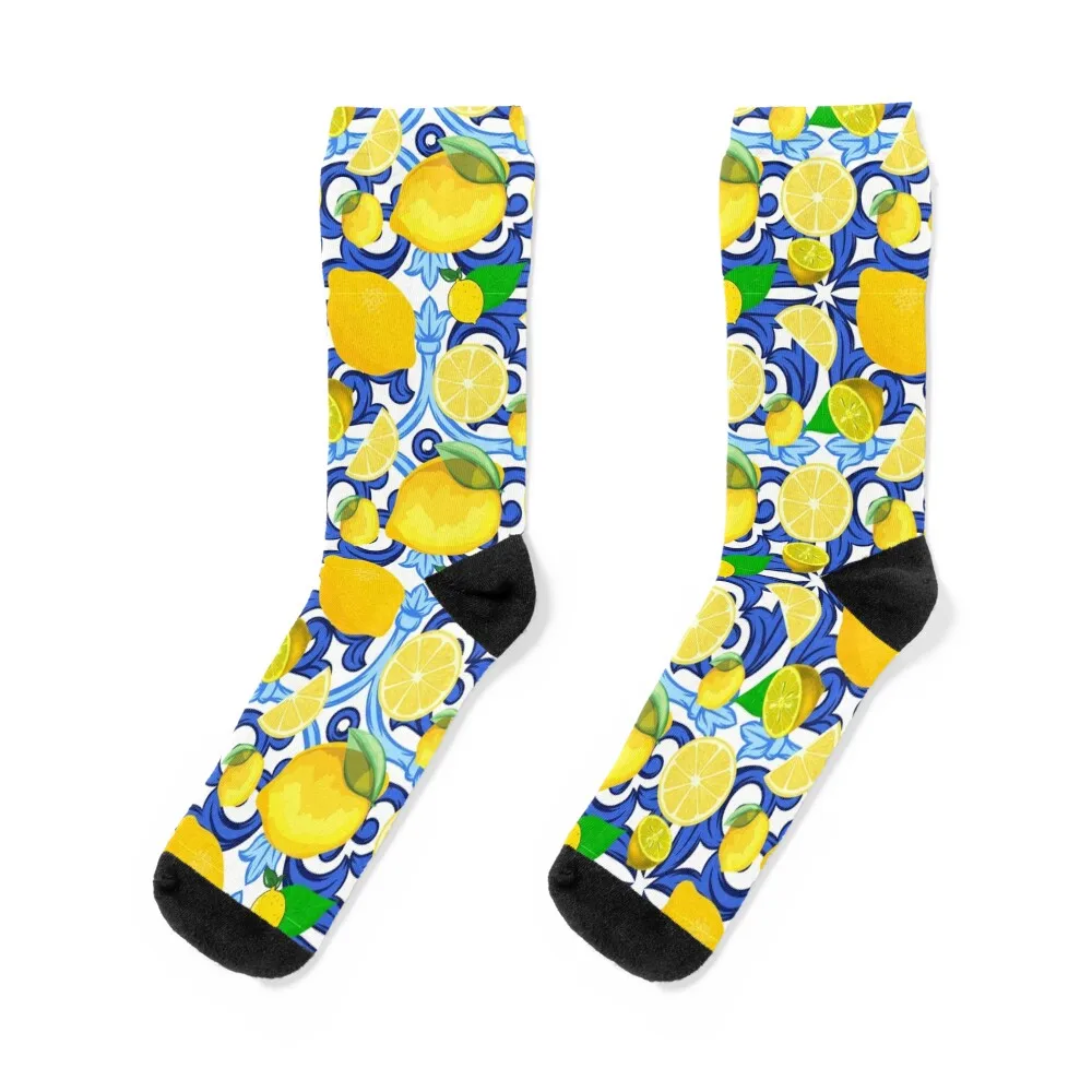 

Lemon On Top Of Blue And White Tile Italian Style Socks gifts shoes Socks Male Women's