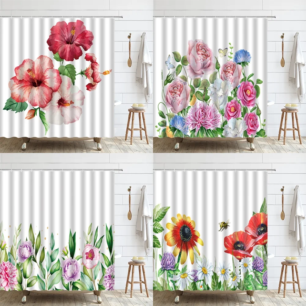 

Spring Natural Flower Butterfly Shower Curtain Watercolor Floral Green Leaves Nordic Fabric Bathroom Curtains Bathtub Screen Set