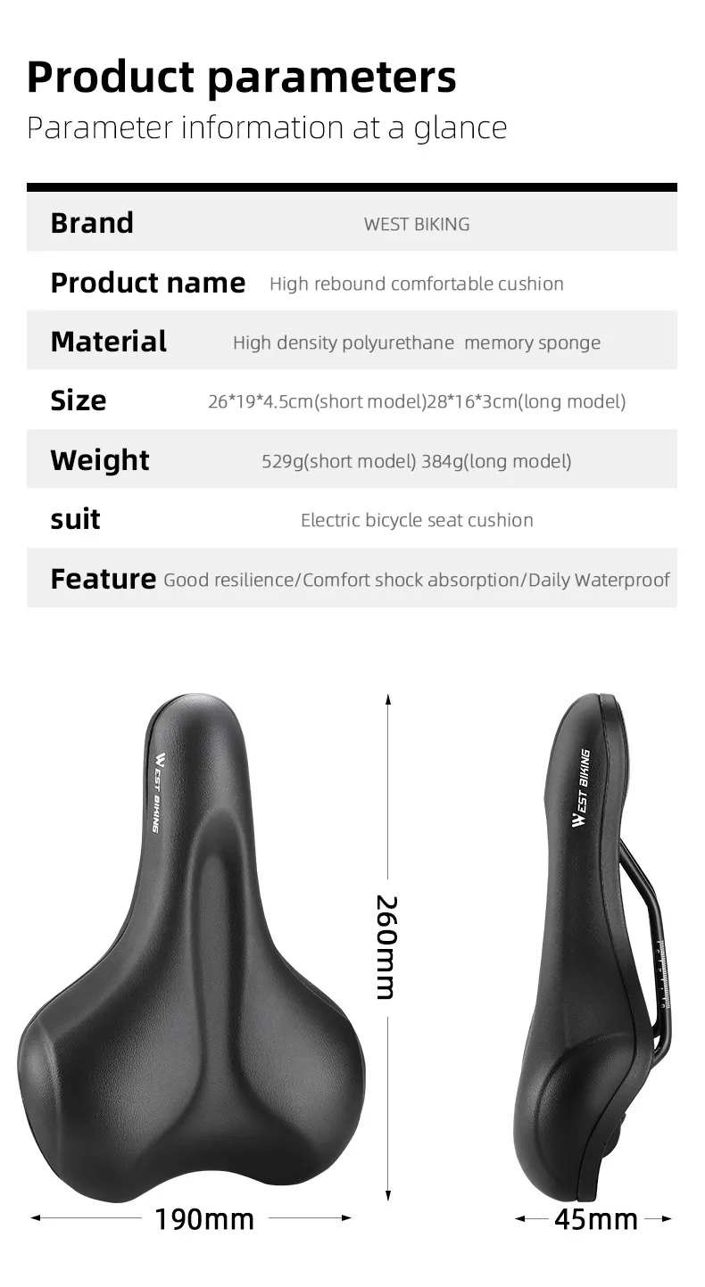 Description Picture 5 of itemWEST BIKING Bike Saddle High Elastic Shockproof MTB Road Bicycle Cushion Waterproof Ergonomic Cycling Seat Bike Accessories