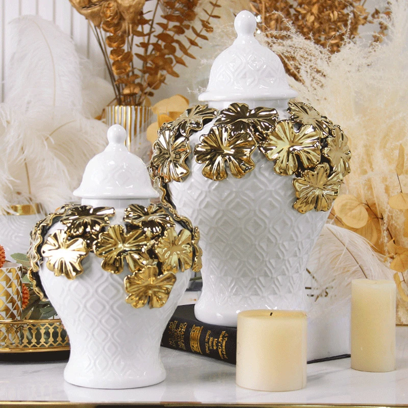 Ceramic Checkmate Jar Argyle Ginger Jar Embossed Gold Petal Storage Tank Flower Vase Home Decoration Accessories 5