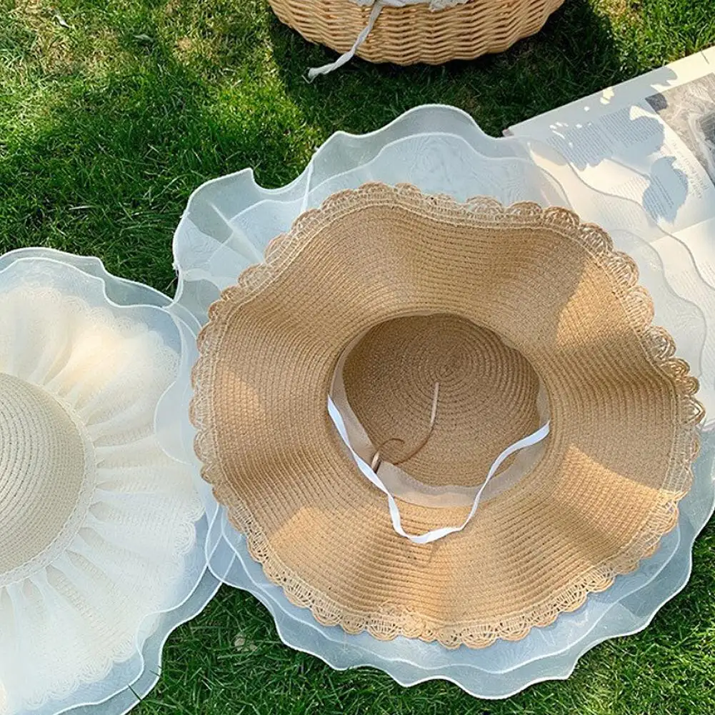 Baby Girl Sun Hat Strap Breathable Cotton-Linen Wide Brim Beach Hat Lace Bow Ruffle Trim Summer Outdoor
