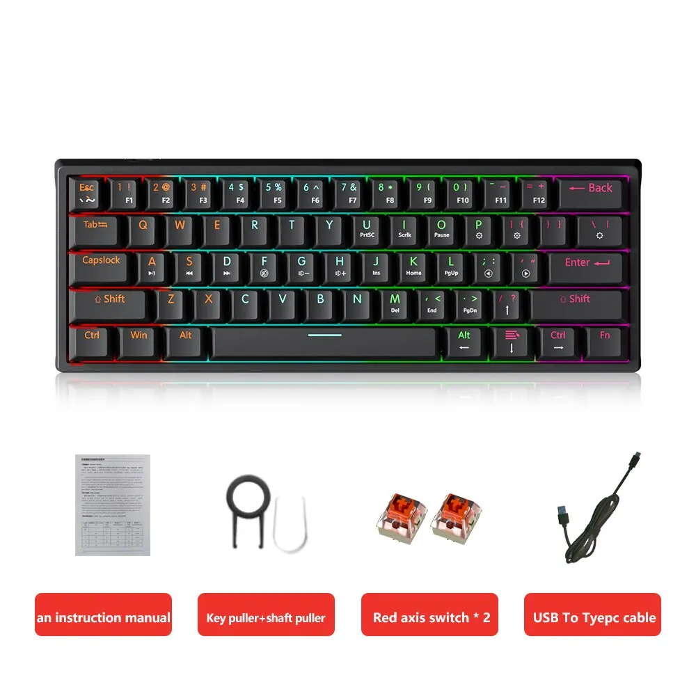 Mechanical Keyboard USB Gaming Red Switch 61 Keys Wired Detachable Cable RGB Backlit Hot Swappable mechanical keyboard
