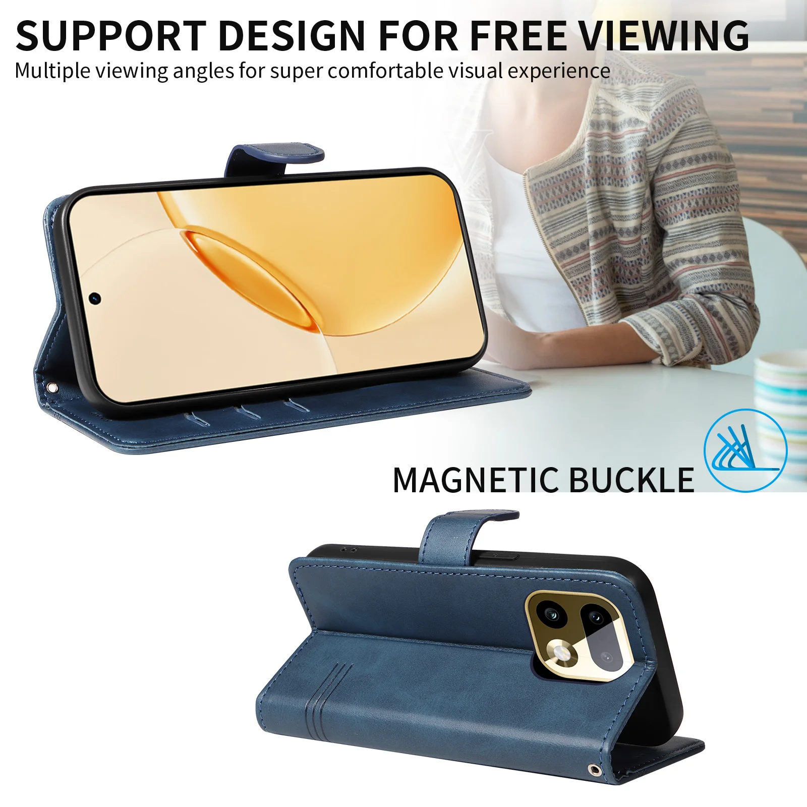 Leather Flip Wallet Card Holder Case with Kickstand and Book Cover Design, Compatible Smartphones