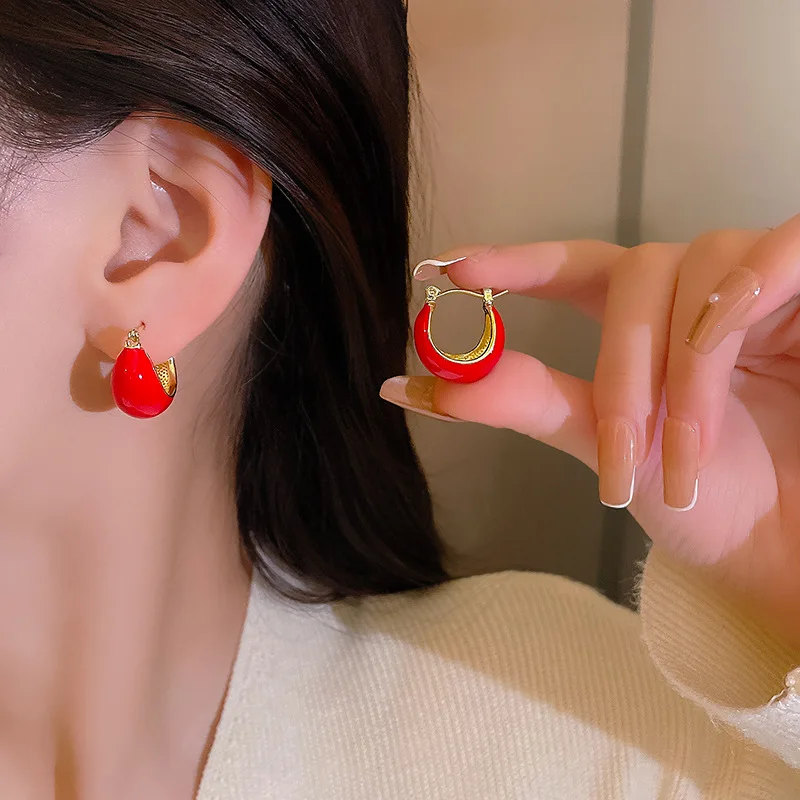 S3388 Fashion Jewelry Hoop Dangle Earrings For Women Vintage Emamel Red Earrings
