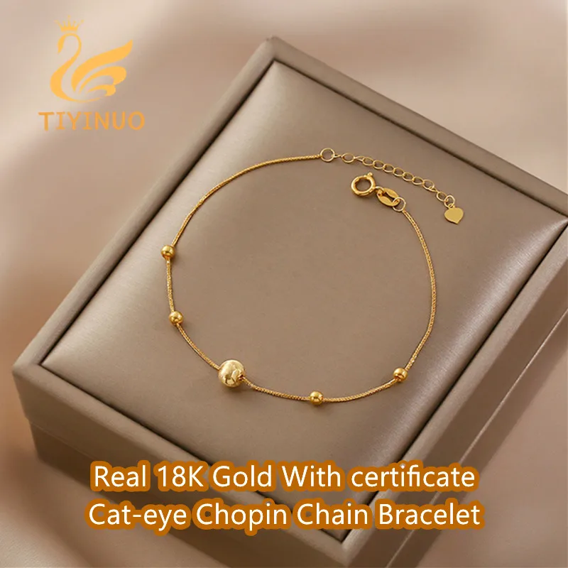 

TIYINUO Genuine AU750 Real 18K Gold Cat-eye Beads Chopin Bracelet Fine Jewelry For Woman Female Luxury Gift Fashion Present