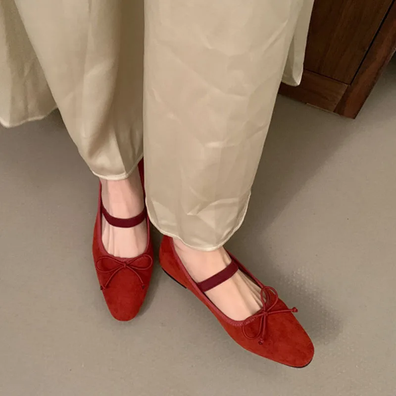 

2024 Women Flat Shoes Fashion Red Green Round Toe Shallow Slip On Ladies Ballerinas Shoes Bow-knot Soft Slose Mary Jane Shoes