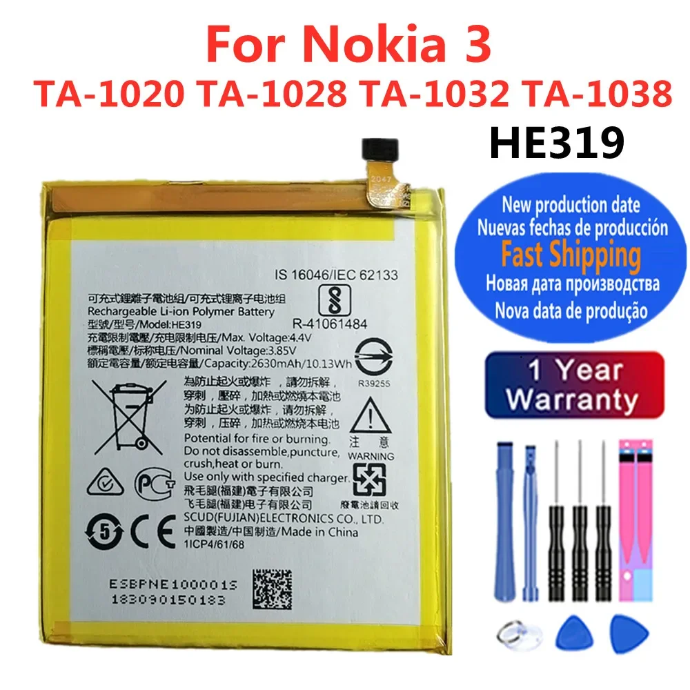 

Новый оригинальный аккумулятор HE319 для Nokia 3 Nokia3 TA-1020 1028 1032 1038 2630 мАч литий-полимерные батареи аккумулятор + Инструменты